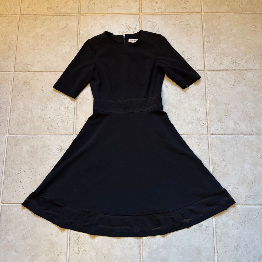 Calvin Klein Black Short Sleeve Fit & Flare Mesh Hem Dress Size 2